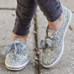 Keds Silver Glitter Sneakers with Satin Ribbon Laces